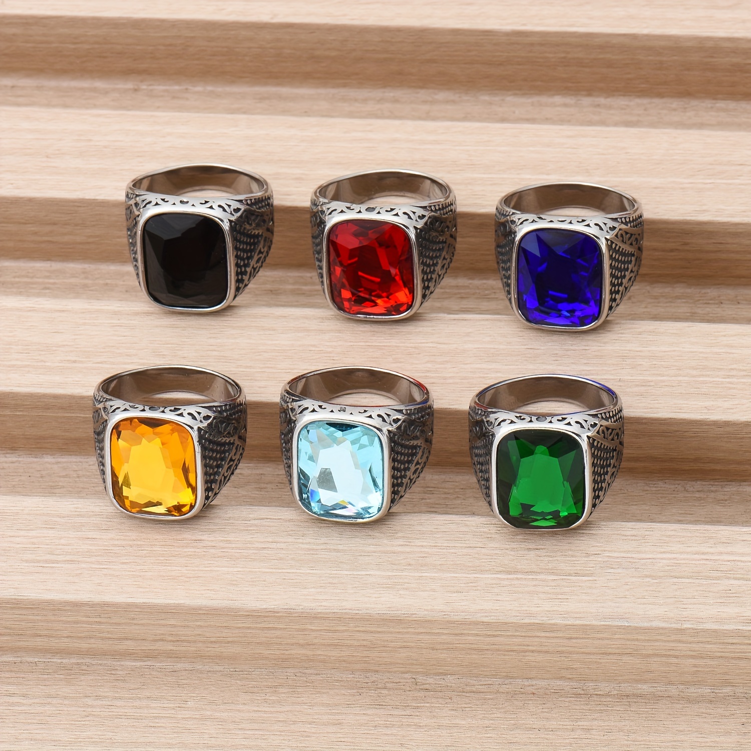 Vintage Titanium Steel Square Faceted Ring Men's Retro Pattern Single